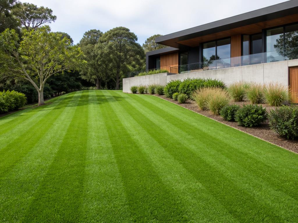 Lawn mowing service in Nairobi leaving crisp stripes on a residential lawn